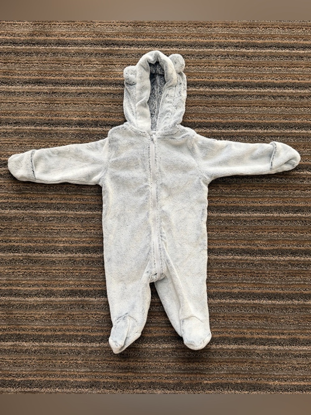 First Impressions Light Gray Hooded Footed One-Piece Fuzzy Fleece Jumpsuit